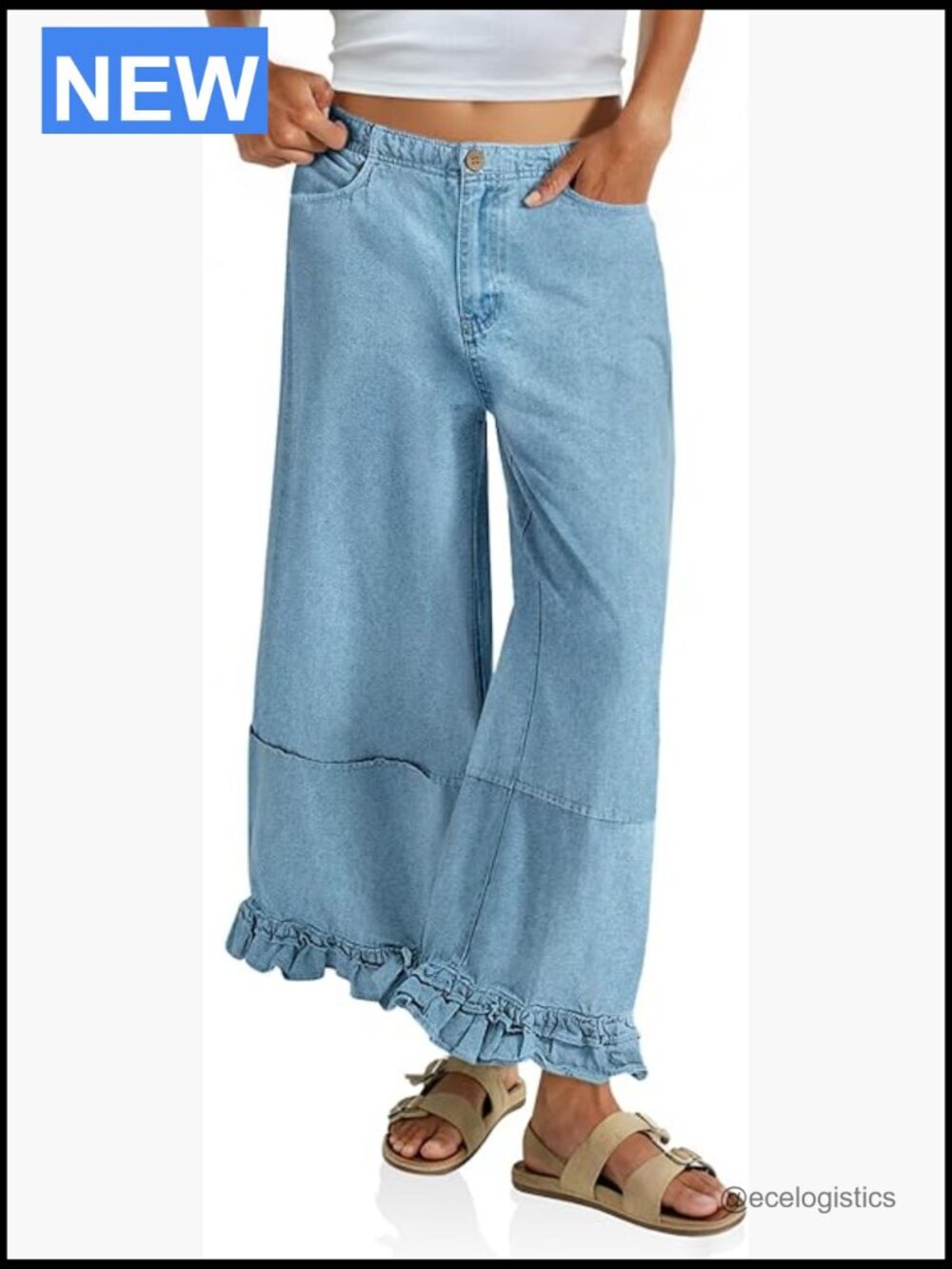 Ruffle Wide Leg Cropped Jeans, High Waisted Baggy Denim Pants with Pockets